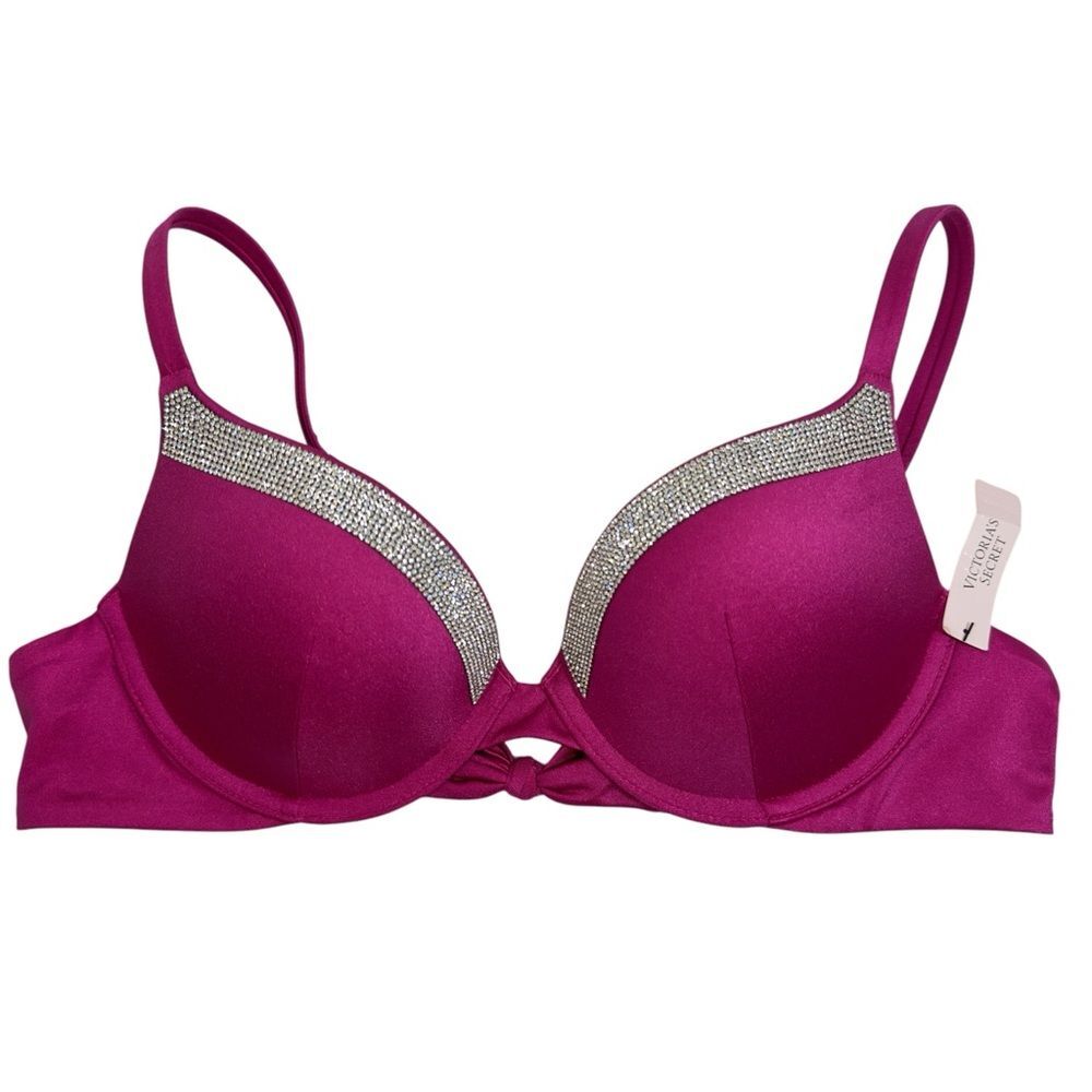 NWT VICTORIA’S SECRET BLING PINK PUSH UP PLUNGE BIKINI SWIMSUIT TOP 34B